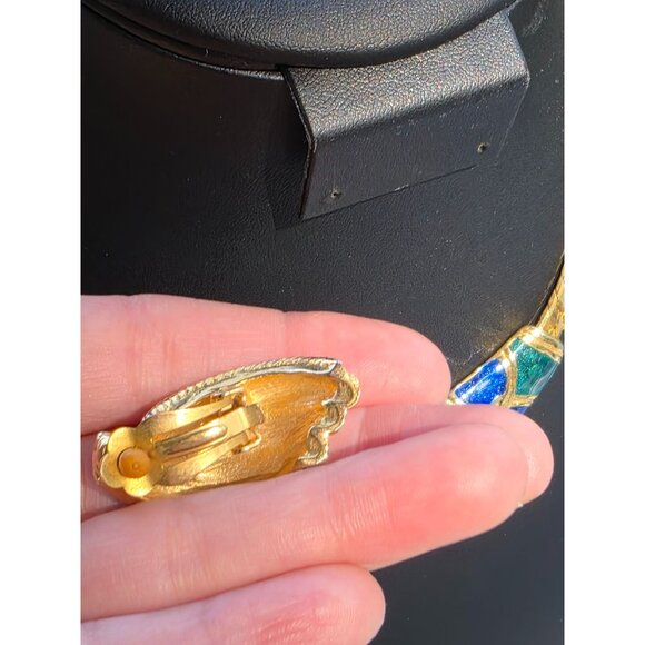 Vintage Gold-Tone Enamel Necklace & Clip-On Earrings Set '80 Era Like New 18" - Picture 7 of 12